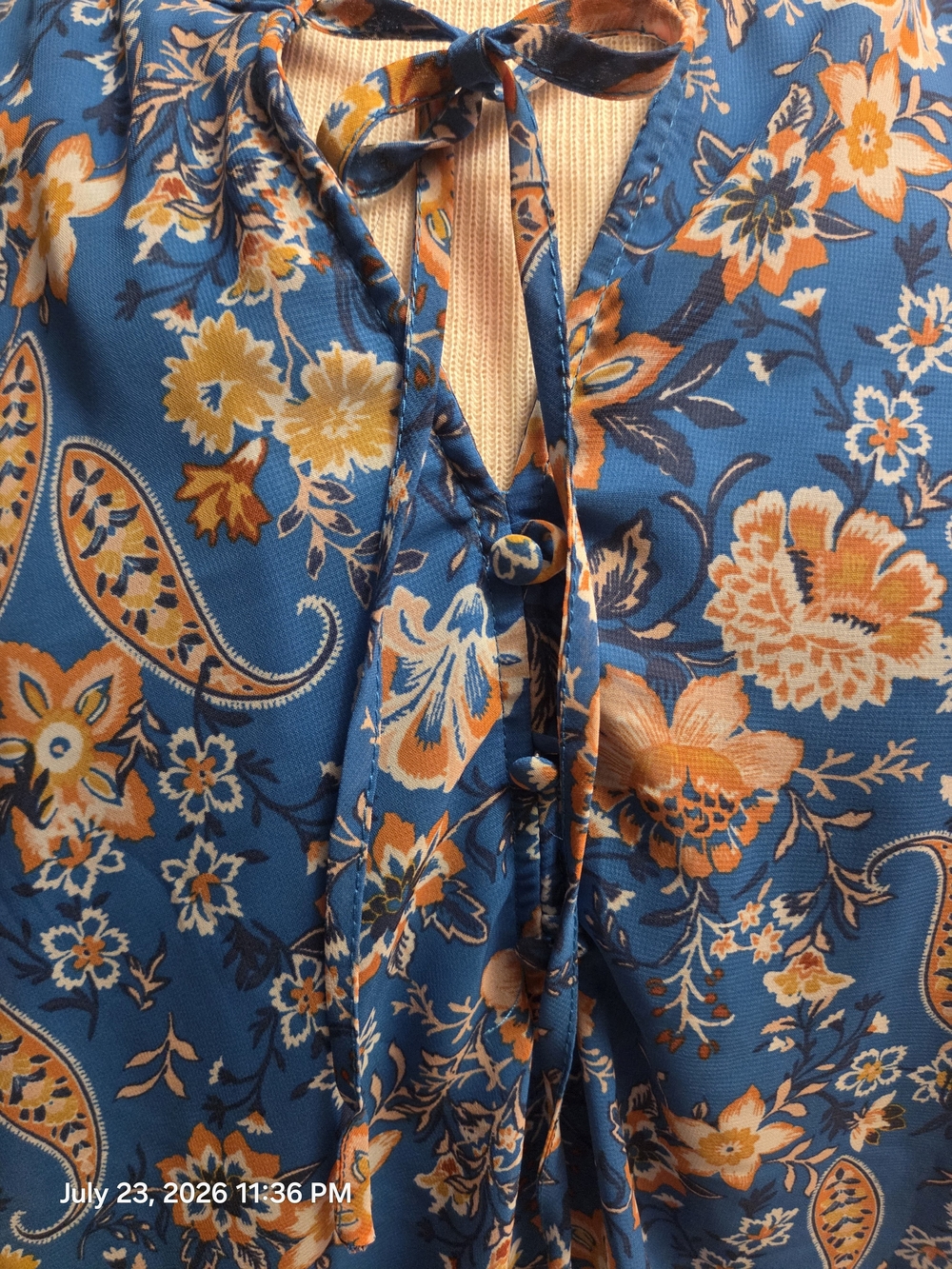Women’s Blue Floral Paisley Tie-Neck Blouse - Picture 2 of 8